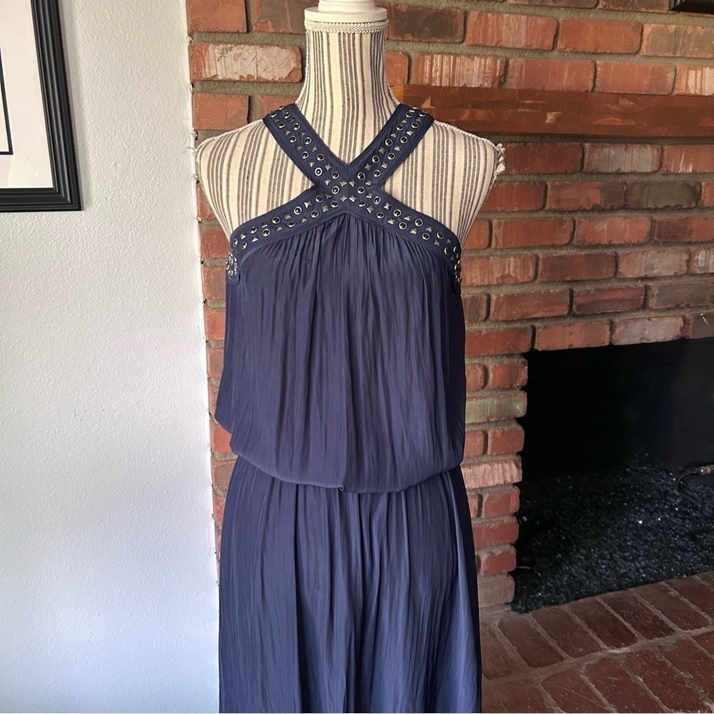 Ramy Brook Autumn Studded Halter Neck Midi Dress in Navy Blue Sz M - Picture 3 of 10